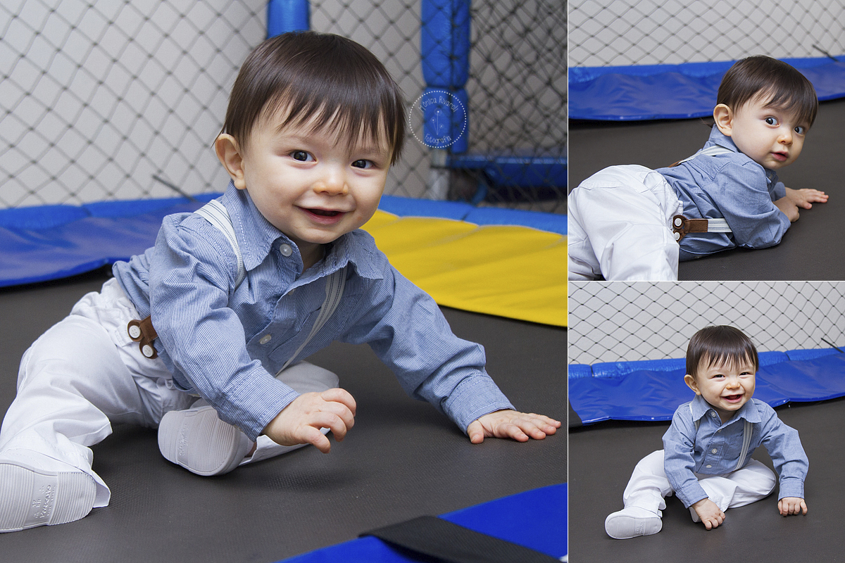 Montagem de três fotos do Felipe na cama elástica