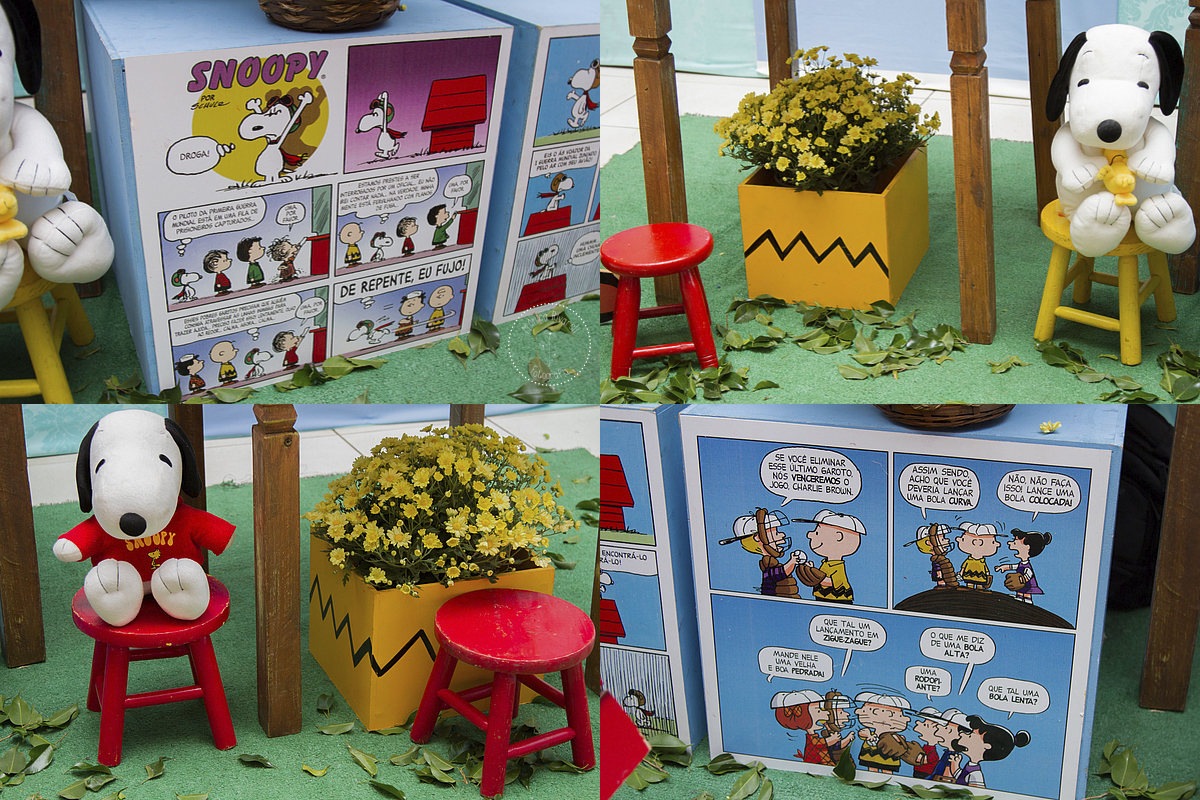 Montagem de quatro fotos da decoração que está em baixo da mesa principal