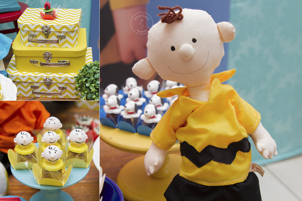 Montagem de três fotos do Charlie Brown, docinhos e malas que estão na decoração 
