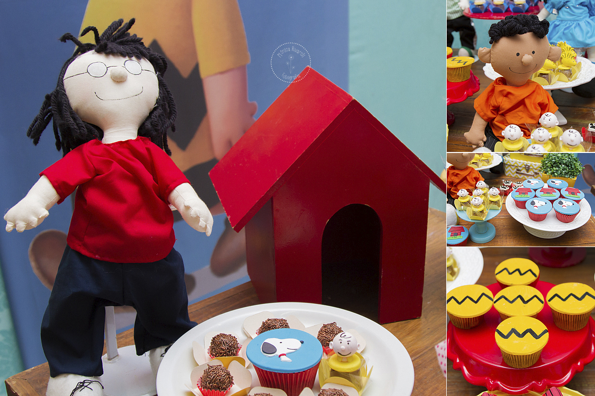 Montagem de quatro fotos de personagens do desenho e de cupcakes váriados