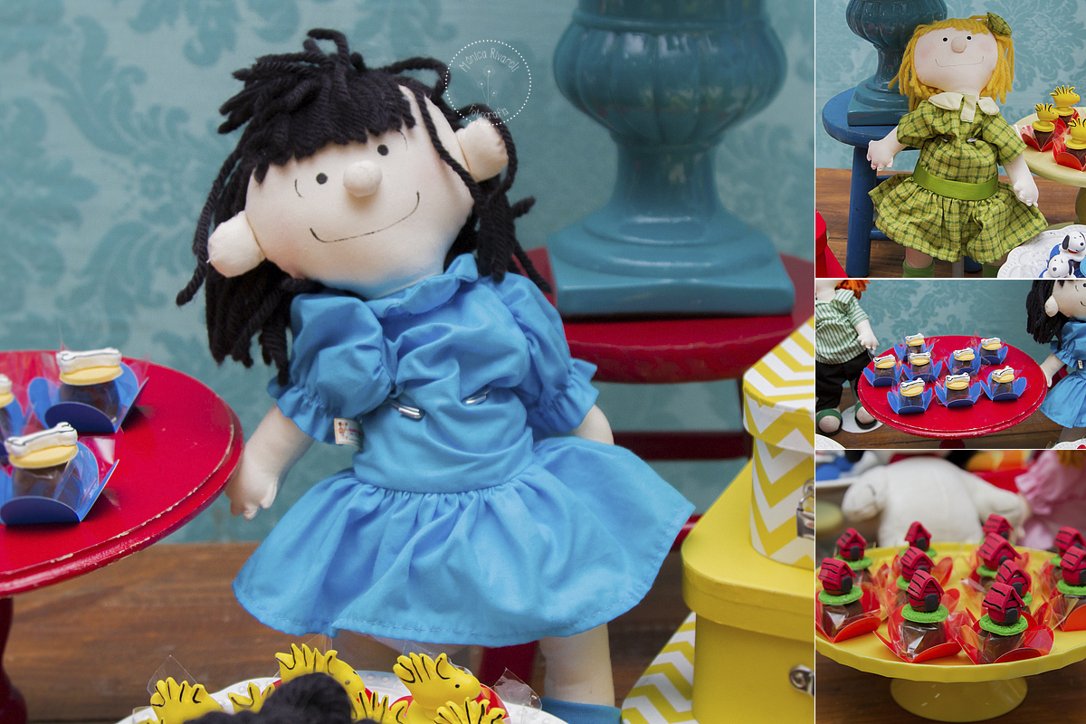 Montagem de quatro fotos de personagens do desenho e duas de docinhos