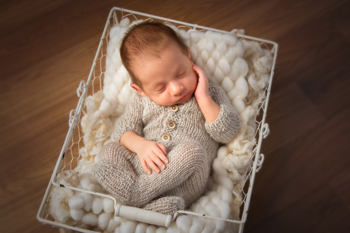 Em um cestinho de arame branco, o Dudu dorme com as mãozinhas na bochecha