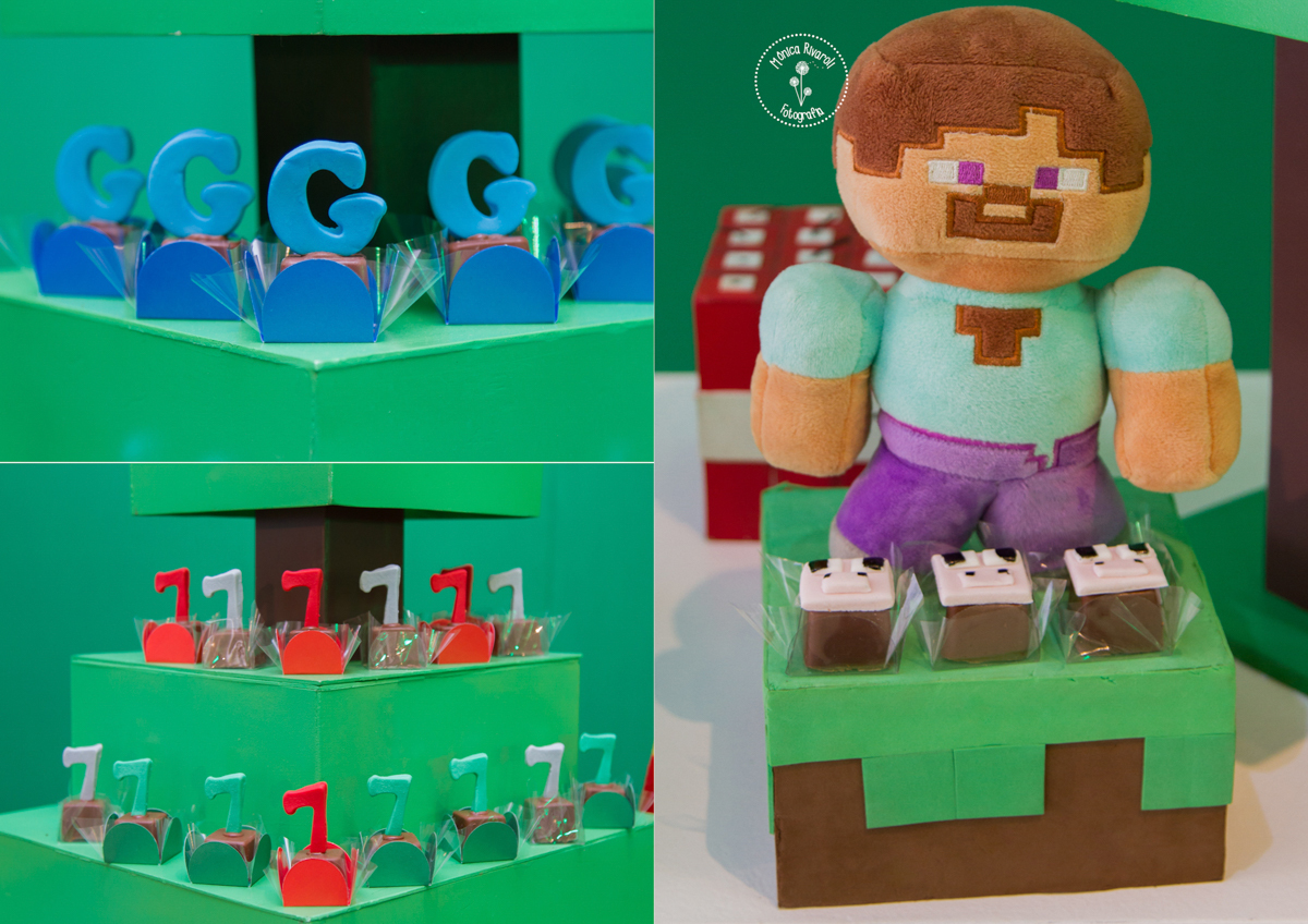 Montagem de três fotos de decoração e de docinhos com a letra G e o número 7