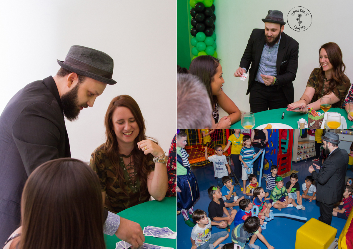 Montagem de três fotos do mágico brincando com a mamãe e com as crianças