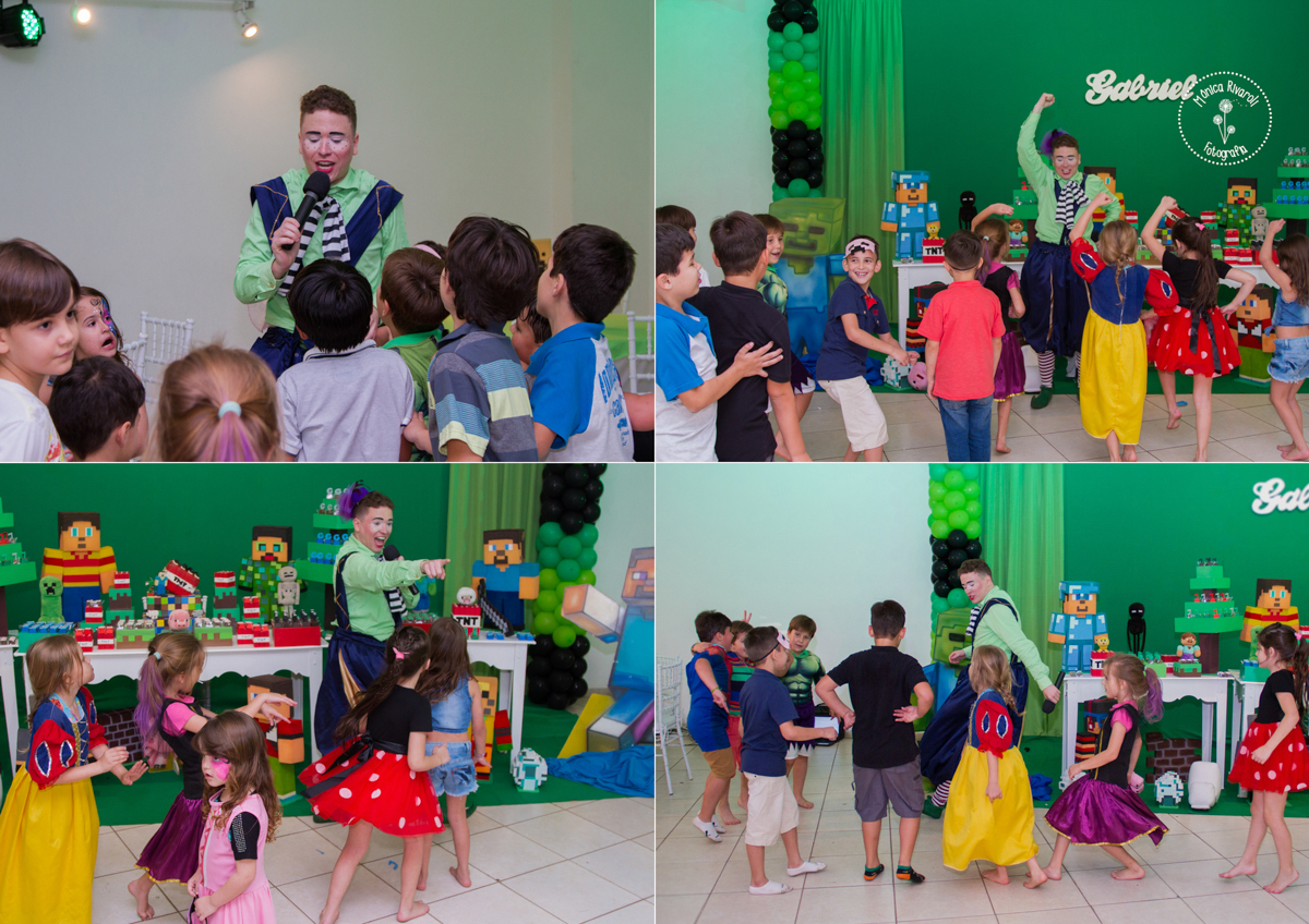 Montagem de quatro fotos do palhaço dançando com as crianças 