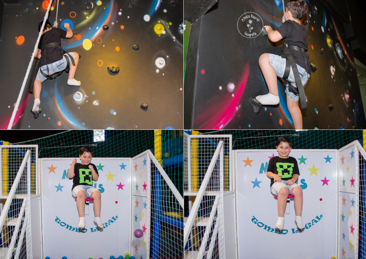 Montagem de quatro fotos do Gabriel em brinquedos diferentes 