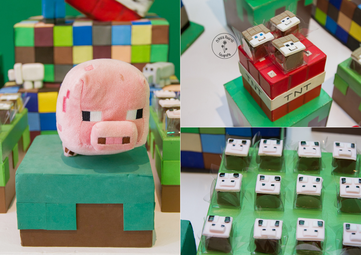 Montagem de três fotos da decoração do aniversário e docinhos  