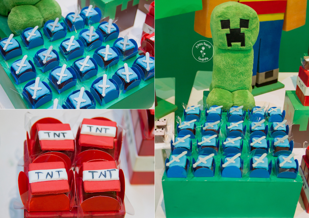 Montagem de três fotos da decoração e de docinhos 