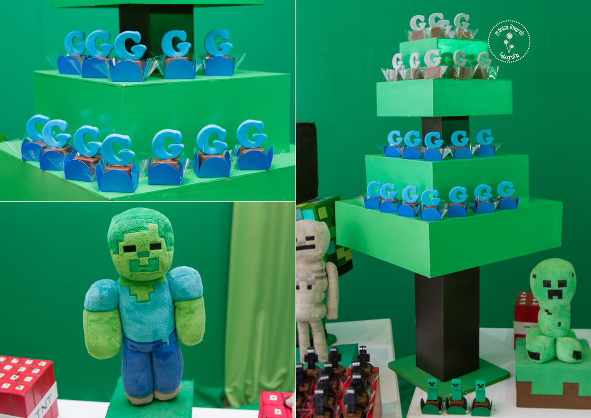 Montagem de três fotos da árvore de docinhos e decoração 