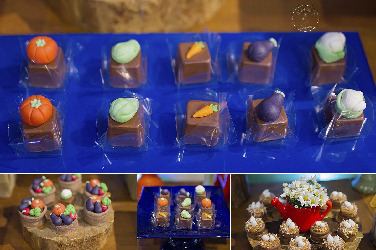 Montagem de quatro fotos de docinhos de vegetais e ovinhos 