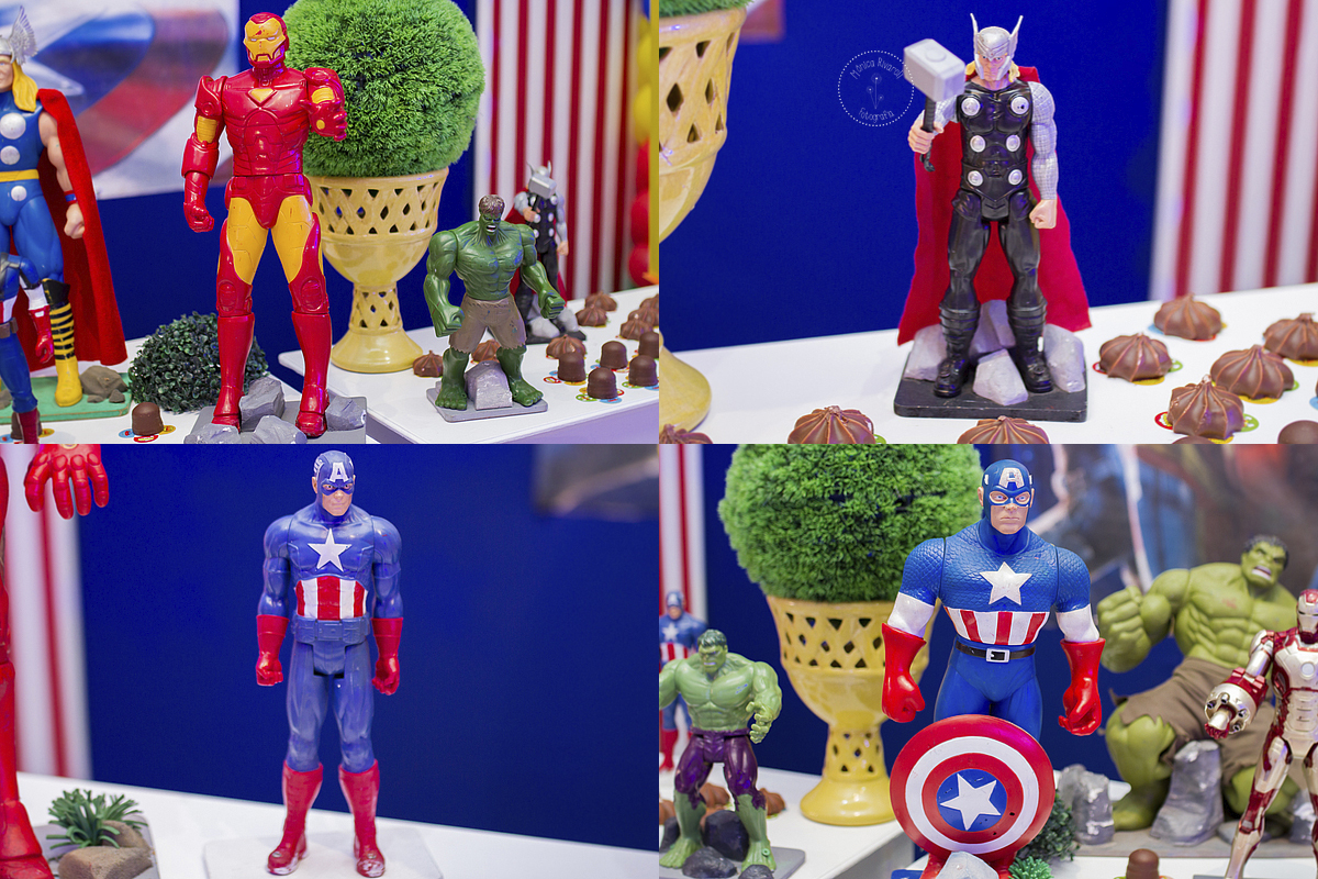 Montagem de quatro fotinhas de super heróis inclusive o Capitão America 