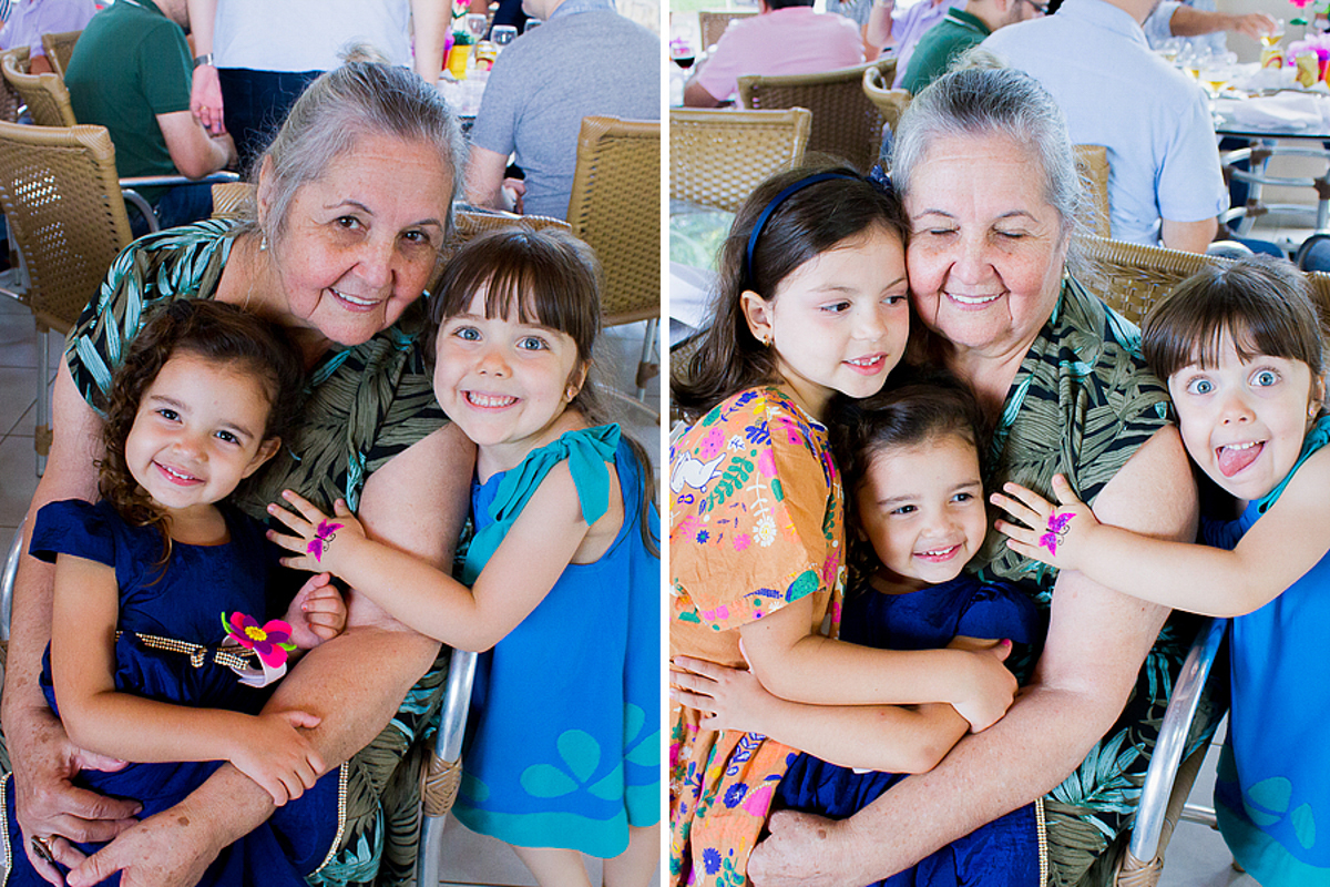 Montagem de duas fotos da Malu, a vovó e suas priminhas