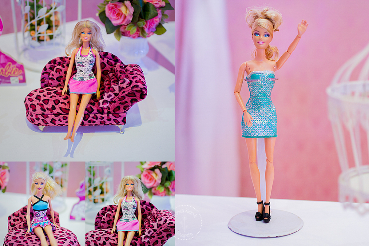 Montagem com três fotos de algumas das barbies da decoração