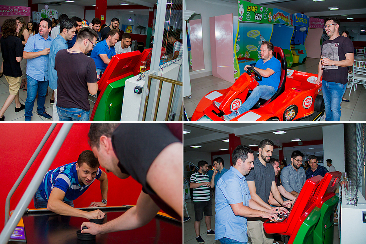 Montagem de quatro fotos dos convidados se divertindo 