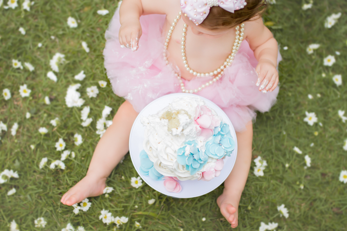 Foto de cima do bolo e da Ana