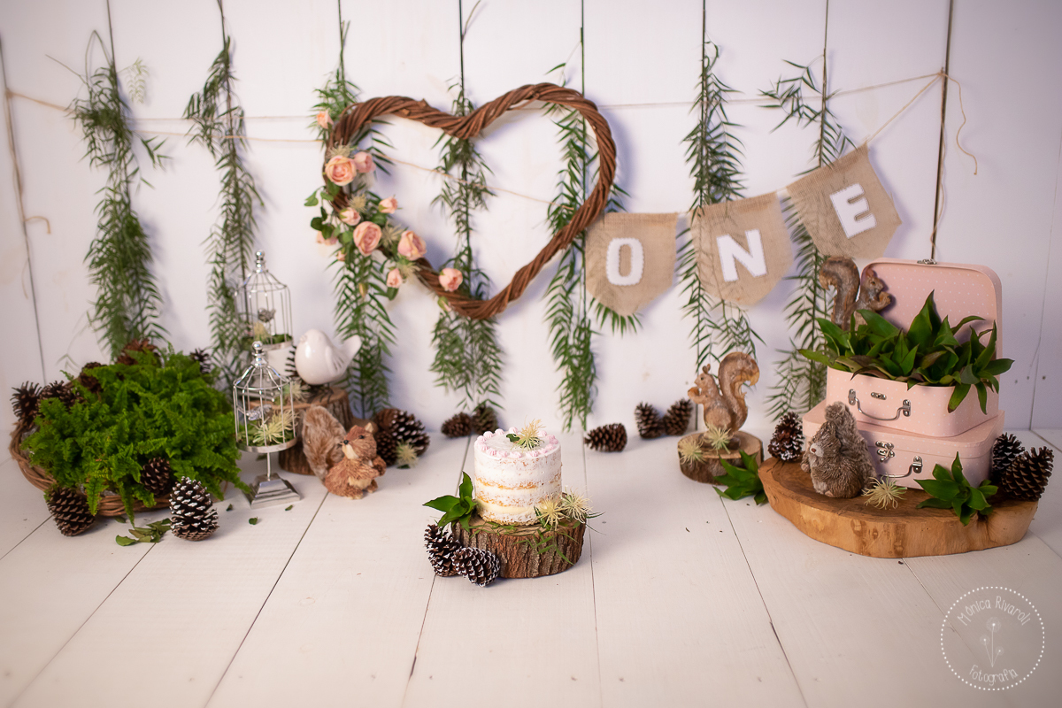 Fotografia de cenário de smash the cake com o tema bosque