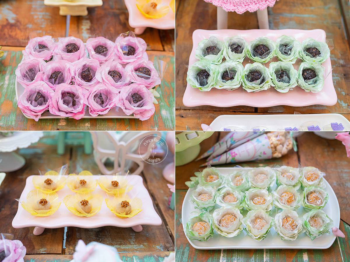 Montagem de quatro fotos com docinhos diferentes