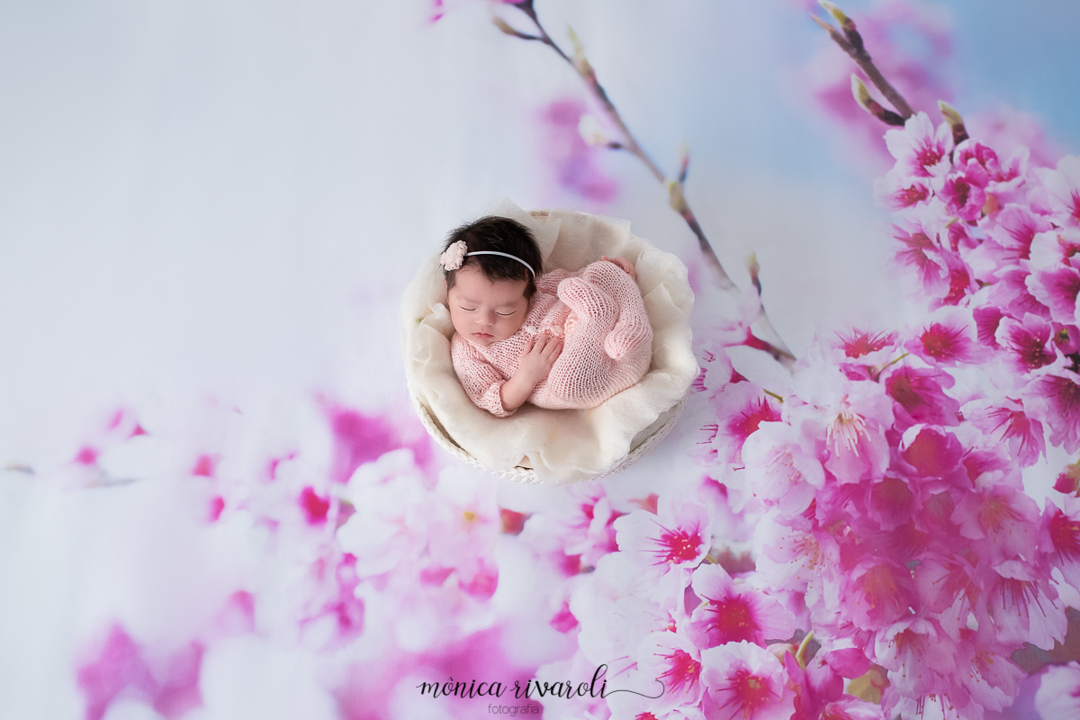 Com um macacão rosadinho, a Mayumi está em um cesto sob um painel de cerejeira