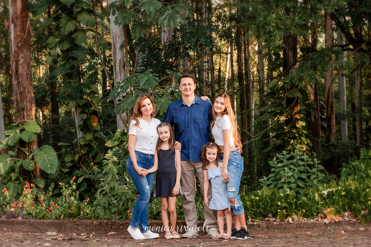 Na ponta esquerda a mãe segura a mão da irmã do meio, ao seu lado o pai abraça a mãe e a irmã mais velha, e na frente do pai, junto da irmã mais velha que segura sua mão, a caçula. O plano de fundo é uma floresta, as árvores em  tons de verde escuro. 