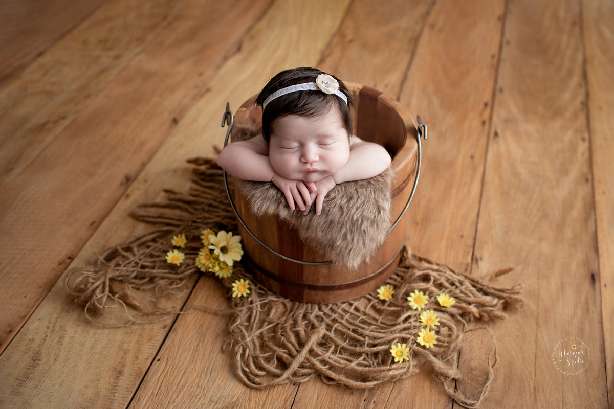 Foto tirada em studio que encontra-se localizado em Osasco- São Paulo, SP. Na foto o bebê está dentro de um balde de madeira, Ela está com os braços embaixo do queixo, usando uma tiara.