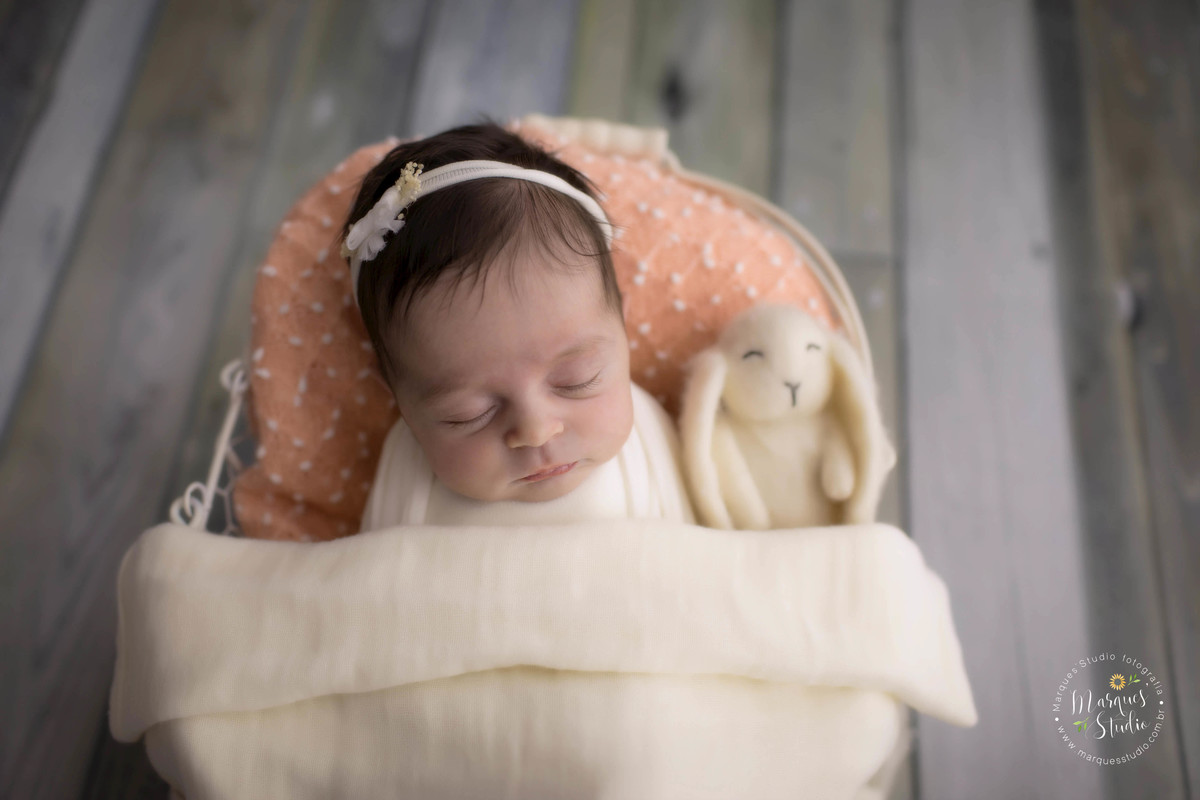 Ensaio newborn feito no nosso studio em Osasco, São Paulo, SP. Bebê no wrap, dormindo de barriga pra cima e com bichinho do lado. No lindo fundo fotográfico de madeira.