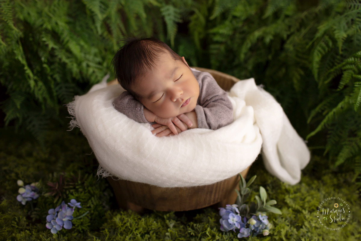 Foto de bebê no jardim realizado no nosso studio fotográfico em São Paulo SP Vila Madalena, o recém-nascido está dentro de um cesto com uma linda manta bege, ele está dormindo e usando um lindo conjunto na cor marrom.