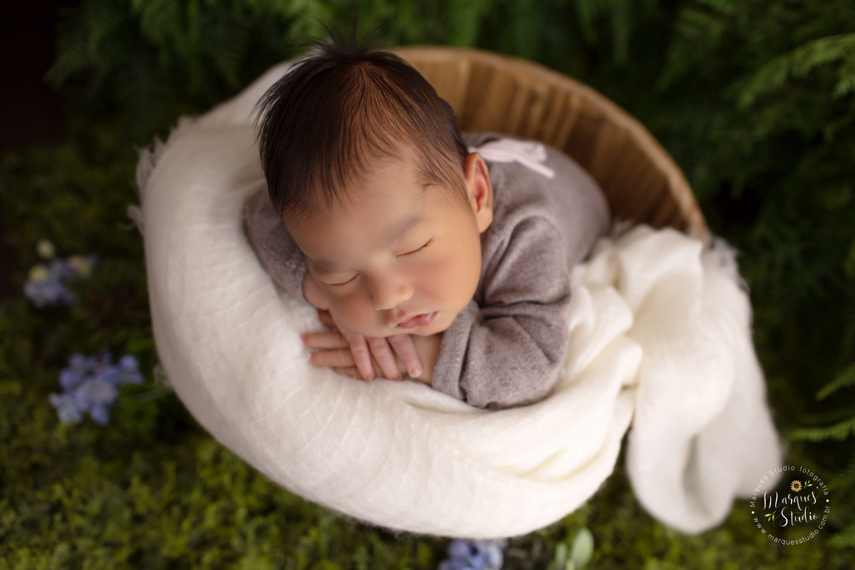 Foto de bebê no jardim realizado no nosso studio fotográfico na zona Oeste Osasco, São Paulo, SP, o recém-nascido está dentro de um cesto com uma linda manta bege, ele está dormindo e usando um lindo conjunto na cor marrom.