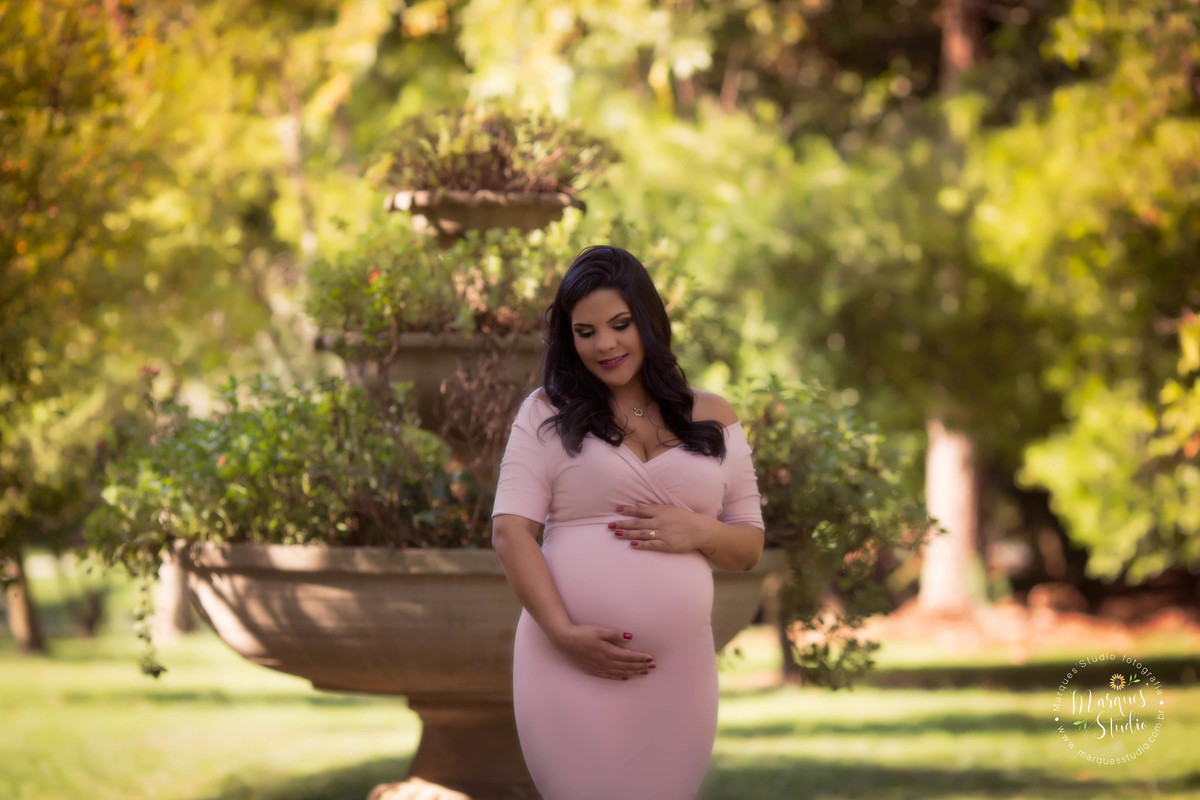 Fotografia de gestante no parque de São Paulo SP Vila Perdizes o ensaio externo foi feito em um dia lindo, com muitas arvores e flores, a gestante está usando um belíssimo vestido rosa, com as mãos sobre a barriga e dando um lindo sorriso para a sua bebê.