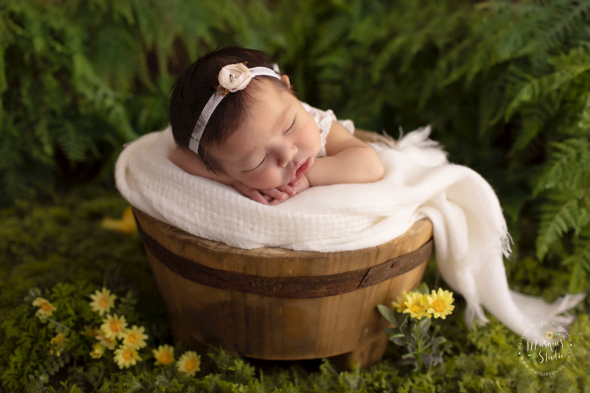 Foto da bebê recém-nascida no jardim realizado no nosso studio fotográfico em São Paulo SP Vila Madalena, ela está dentro de um cesto de madeira, com uma linda manta bege, ela usa um lindo vestido branco com renda e um lindo lacinho de flor no cabelo.