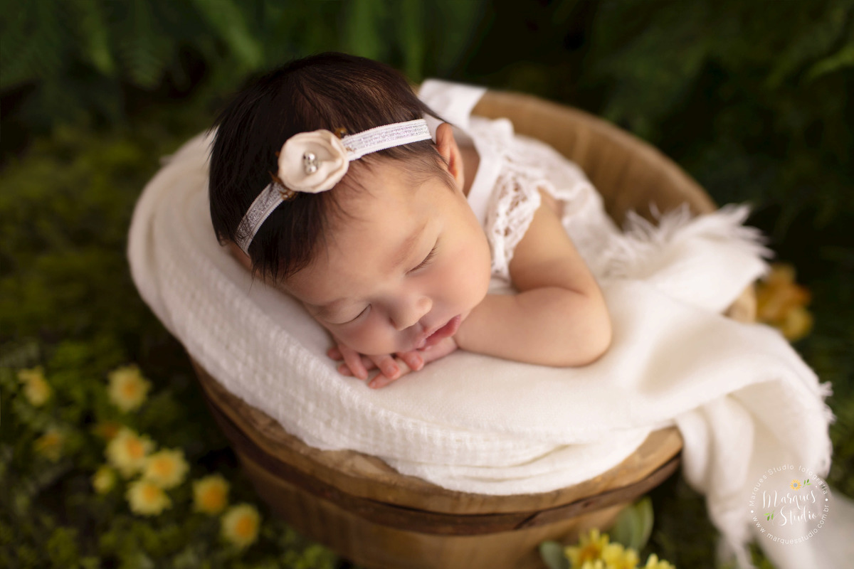 Foto da bebê recém-nascida no jardim realizado no nosso studio fotográfico em São Paulo SP Vila Sumaré, ela está dentro de um cesto de madeira, com uma linda manta branca, ela usa um lindo vestido branco com renda e um lindo lacinho de flor no cabelo.