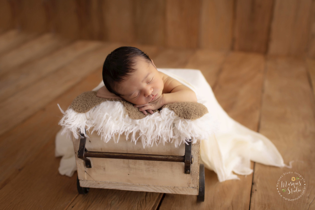 Foto feita em studio localizado em Santo Amaro - São Paulo, SP, no ensaio de newborn do Bernardo. Na foto o bebê está deitado em um carrinho de madeira coberto por uma manda branca e um paninho marrom. Ele está dormindo com os bracinhos em baixo da cabeça