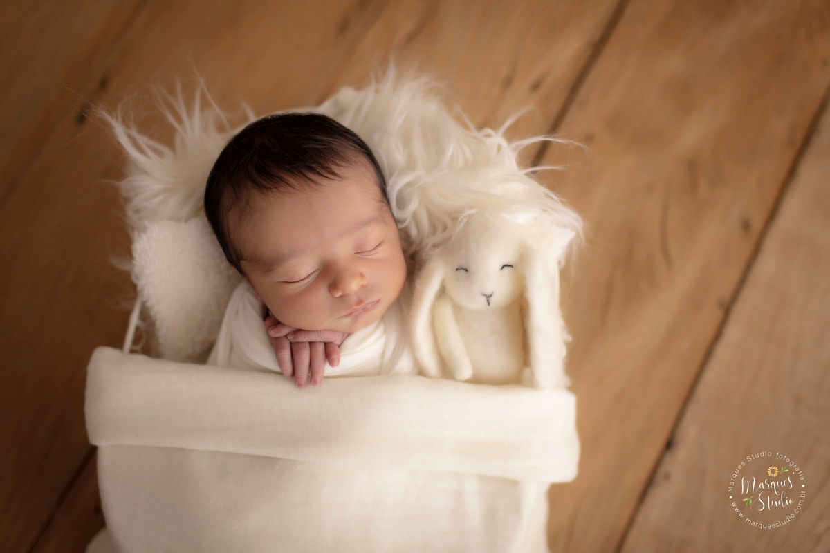 Foto registrada em studio localizado na Av. Consolação - São Paulo, SP. Na foto temos um récem nascido menino, deitado em uma cestinha branca, coberta por um tecido fofo branco. Ele esta enrolado em wrap de cor bege, com um ursinho de pelúcia ao lado dele