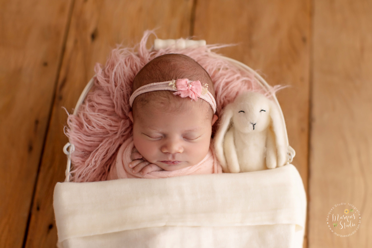 Newborn feito em studio localizado na Pompeia - São Paulo, SP. Na foto a récem nascida está deitada em uma cestinha branca, coberta por um tecido rosa, ela está enrolada em um wrep rosa e coberta por um pano branco, do seu lado tem um coelho de pelúcia. 