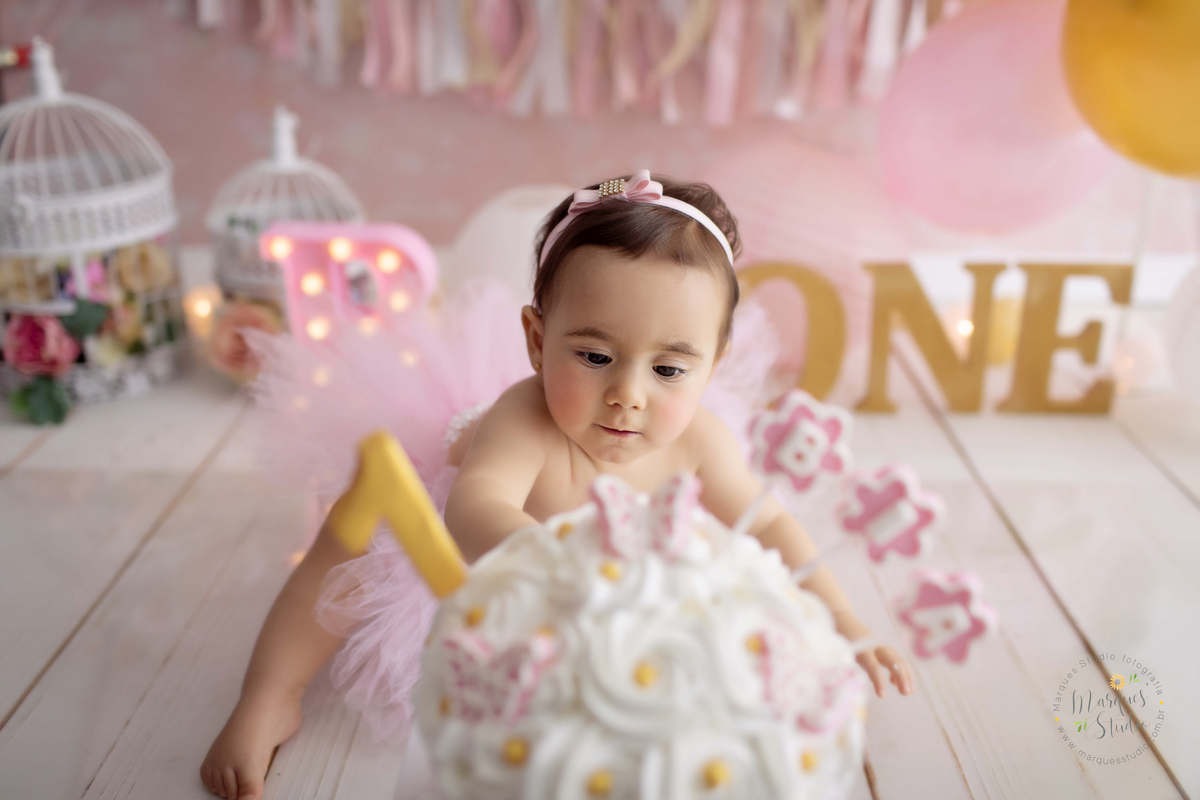 Fotografia feita no ensaio Smash the cake da Bia de um ano. Na foto ela está pegando o seu bolo com formato de Cupcake e esta usando uma saia de tule rosa. O studio fica localizado no Morumbi - São Paulo, SP. 