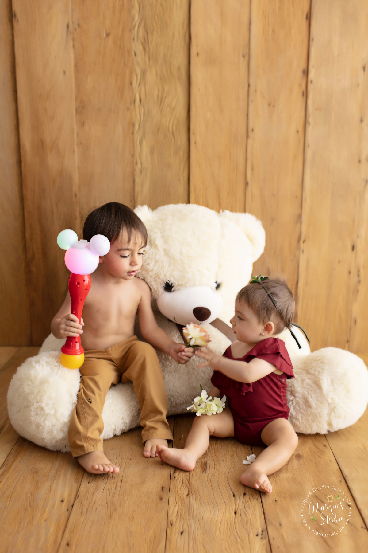 Foto da Giovanna de 7 meses, feito em seu ensaio de acompanhamento em studio localizado no Morumbi  - São Paulo, SP. Na foto a Giovanna está sentada no chão com um urso de pelucia e o seu irmão mais velho que está te dando uma flor