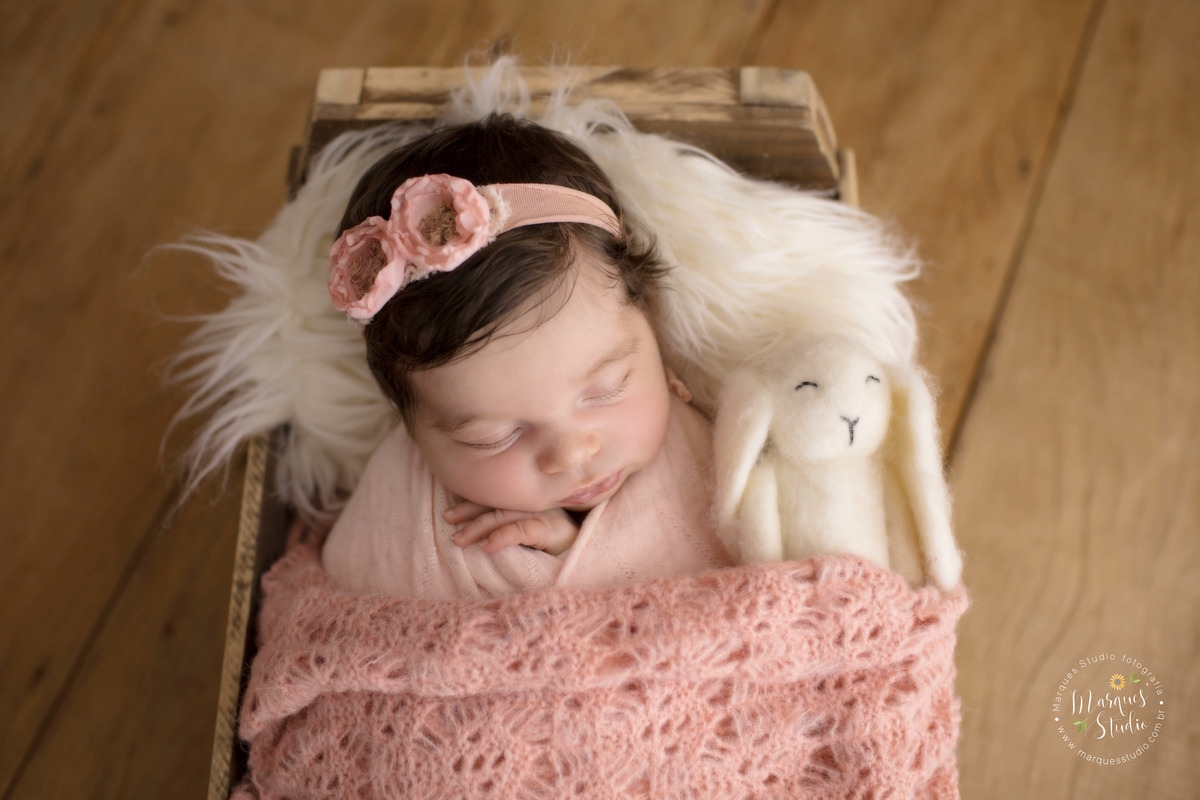 Foto feita para ensaio newborn em studio localizado no Bela Vista  - São Paulo, SP. Na foto a bebê está enrolada em um wrep rosa e está dentro de um baú de madeira com pelos brancos e um coelho de pelúcia 