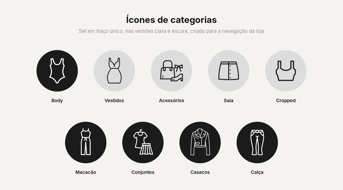 Set de ícones de categorias em traço único, nas versões clara e escura, para uma navegação mais rápida e visual.