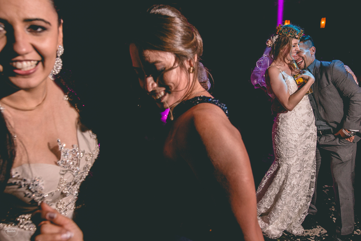 Fotografia de casamento pelo fotógrafo Guilherme Santos, convidados do casamento sorrindo durante a festa de casamento.