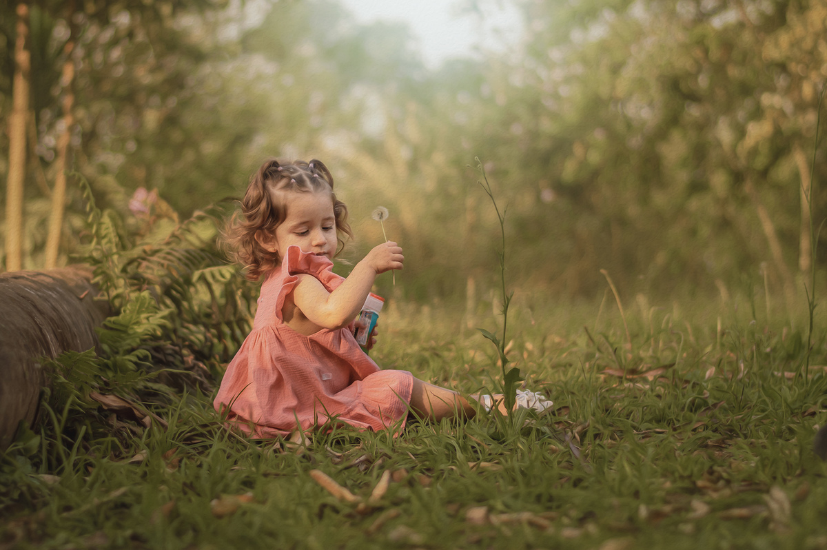 foto menina na natureza sentada na grama segurando dente de leão