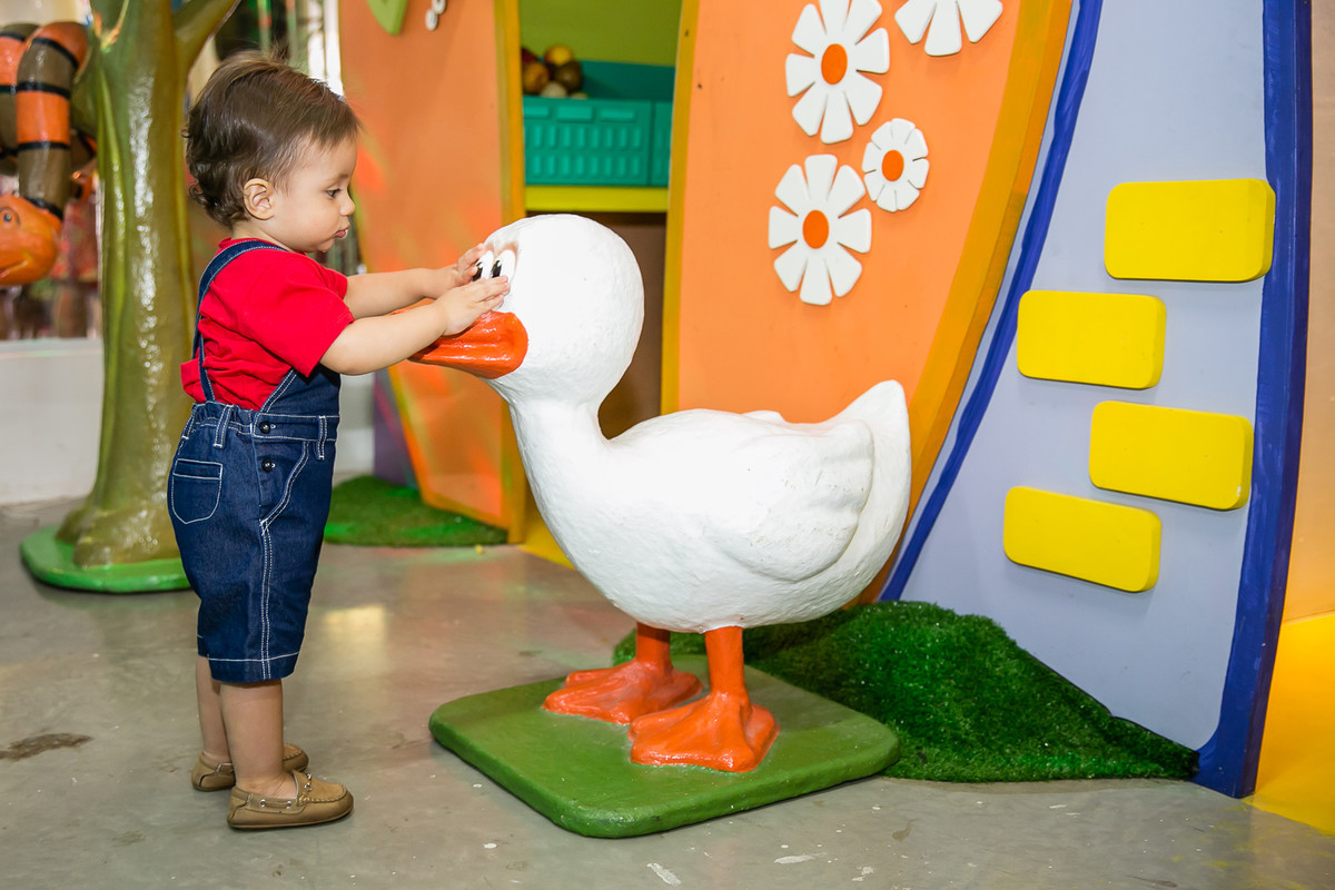 criança brincando com pato