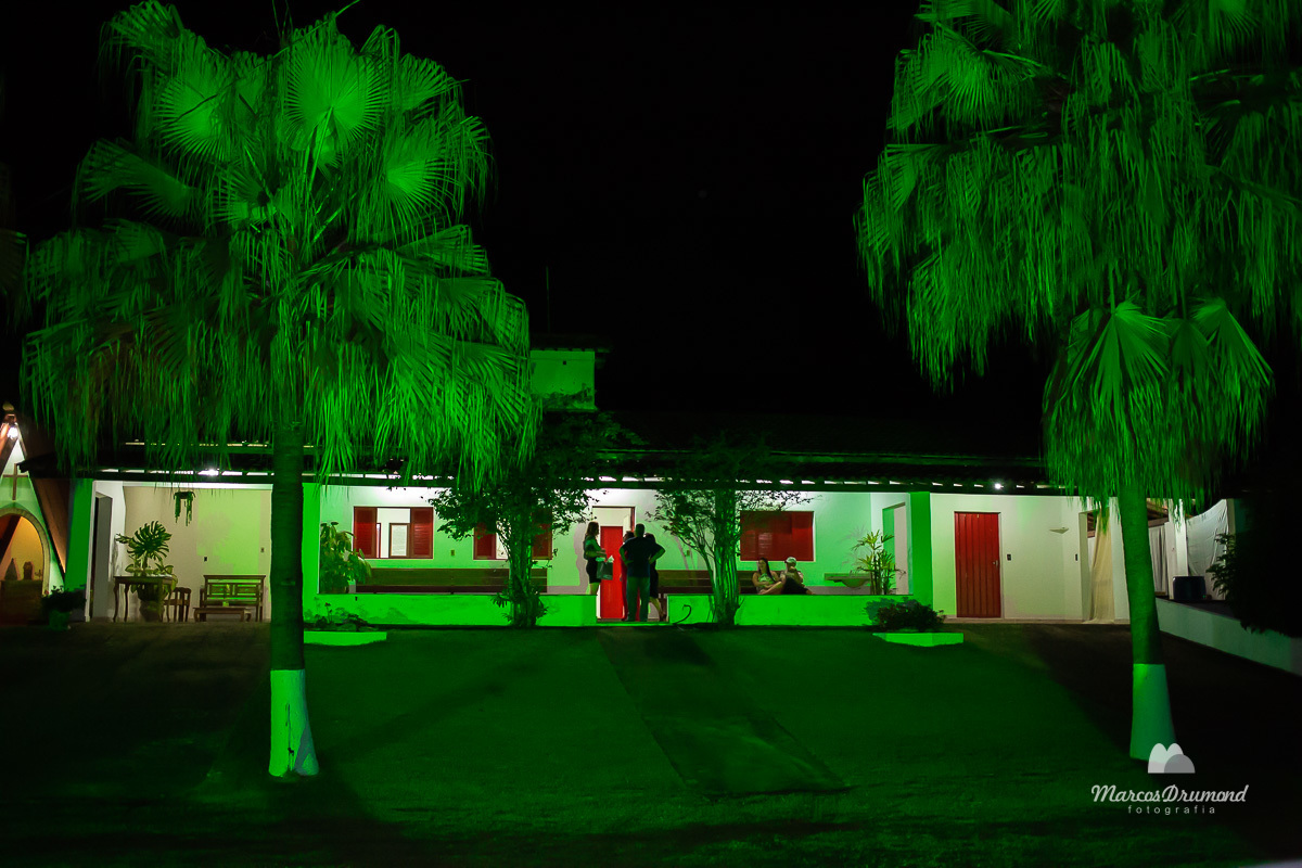 Festa de aniversário na fazenda, onde na entrada há um alguns coqueiros e a entrada bem iluminada