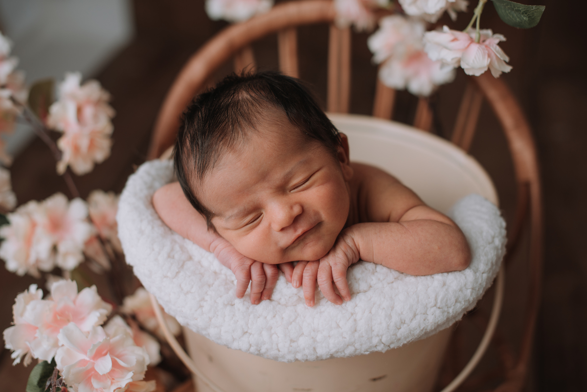 ensaio estúdio, sessão newborn menino, no baldinho em cima da cadeira, com flores. Akleine fotografias Imperatriz MA