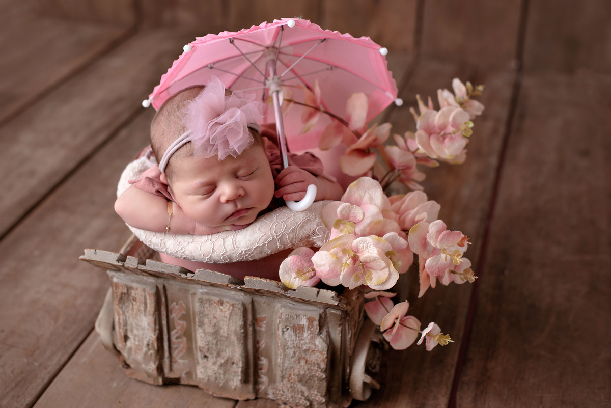 ensaio estúdio, sessão newborn menina no prop e baldinho com guarda chuva. Akleine fotografias Imperatriz MA