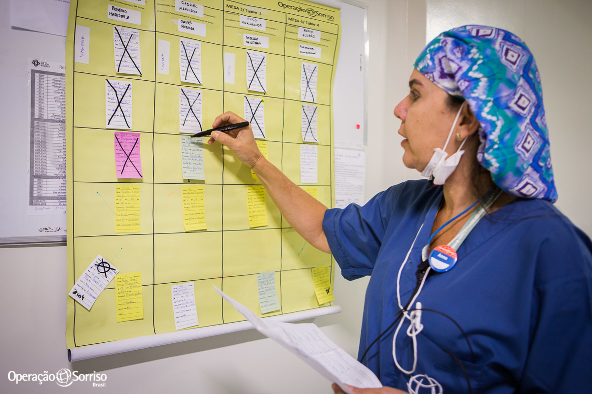 coordenadora do centro cirurgico marcando no mapa as cirurgias realizadas pela OPeração Sorriso no dia.
