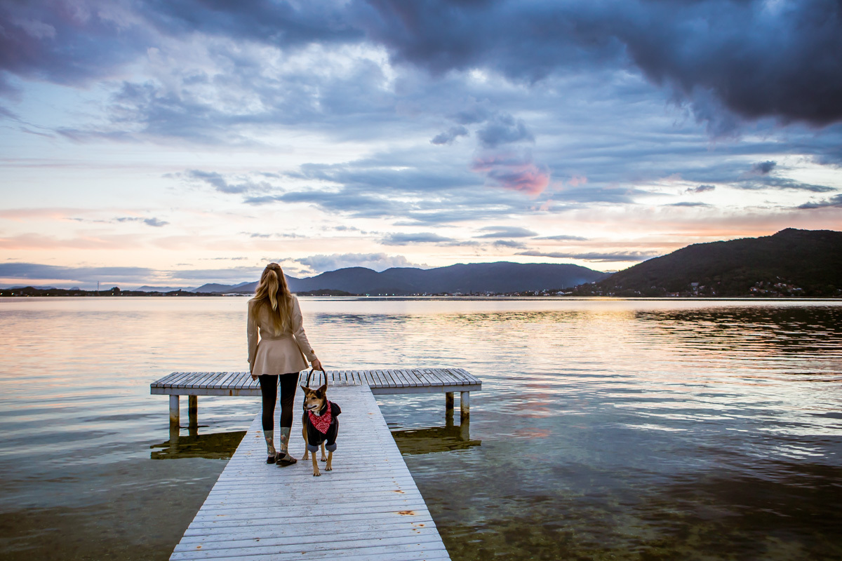Cachorra e mulher em pé curtindo por do sol no trapiche