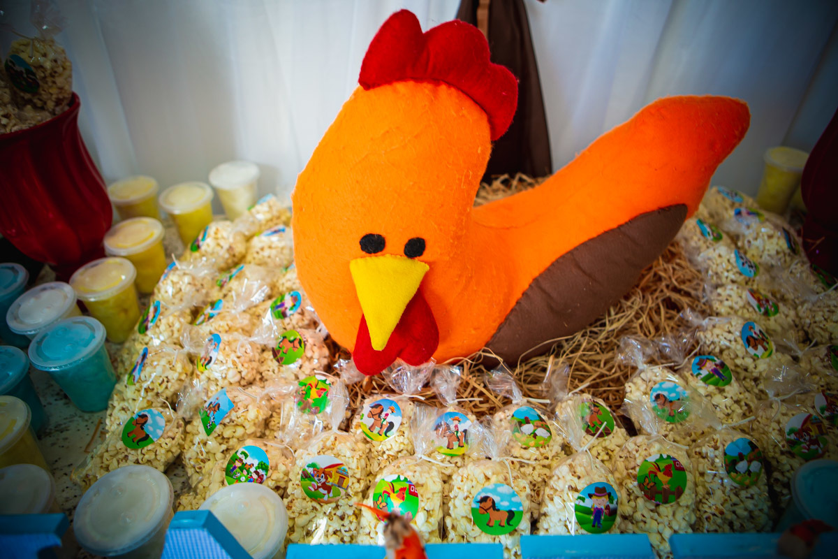 galinha com varios sacos de pipoca