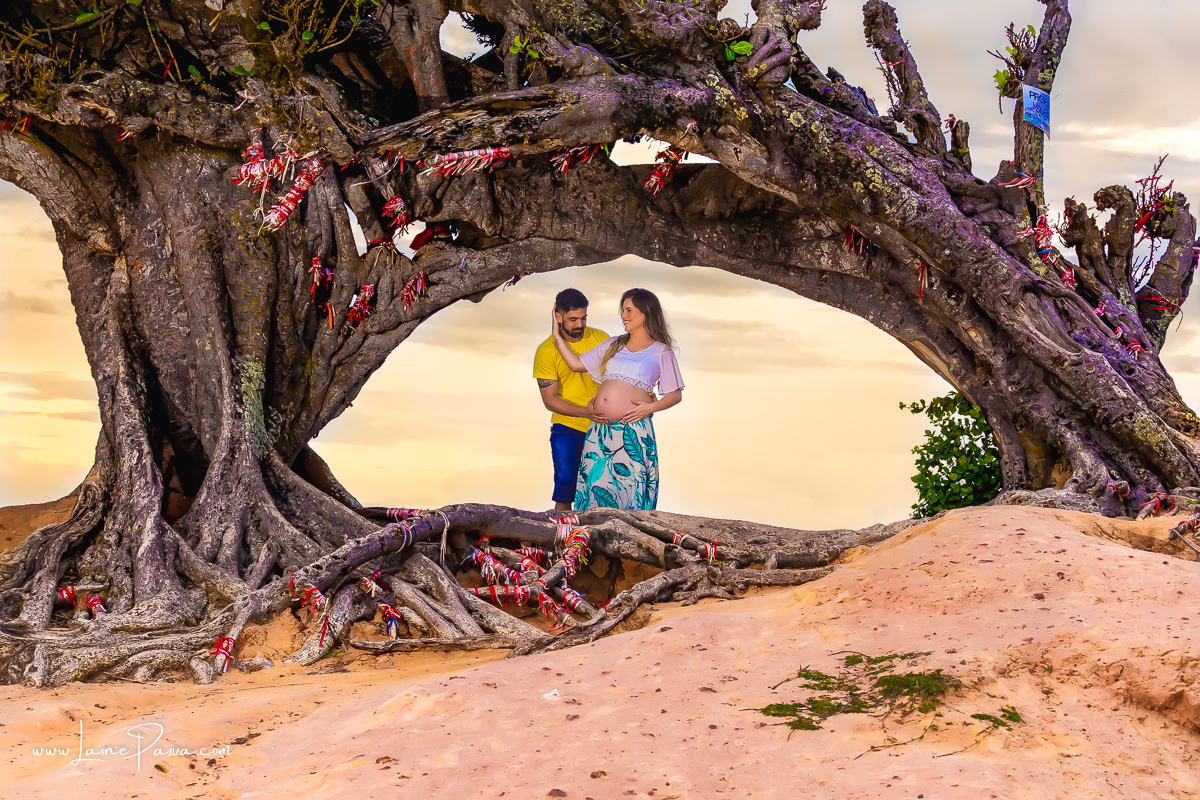 gestante abraçada com esposo que tem a mão na sua barriga e esta sorrindo dentro de tronco da árvore no ensaio gestante externo na praia na Árvore do amor.