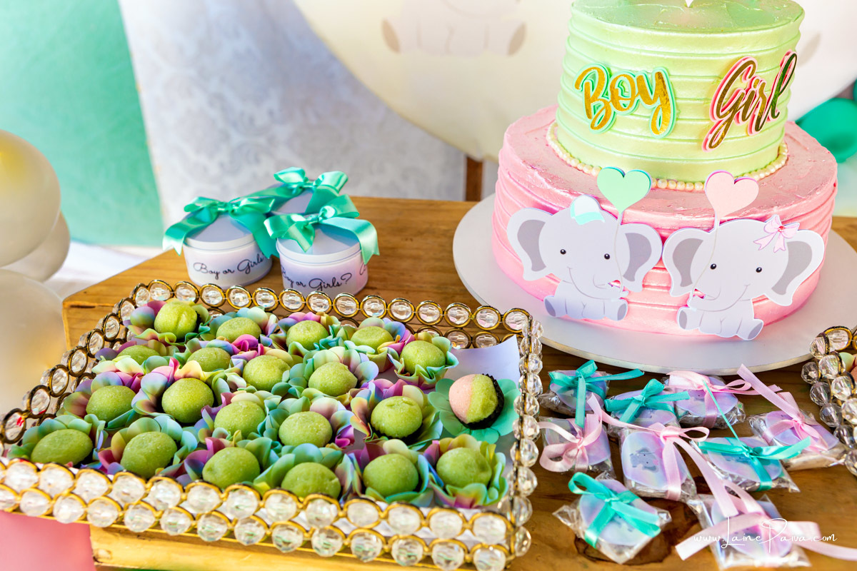 bolo e doces na decoração de chá revelação de sexo de bebe com tema elefante em Natal RN.