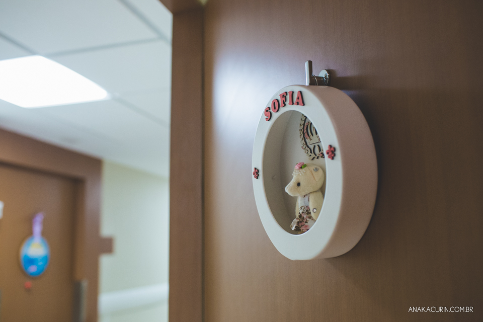 Parto natural hospitalar de Sofia, que aconteceu na Perinatal de Laranjeiras e teve a fotografia feita por Ana Kacurin. Enfeite de porta escrito Sofia.