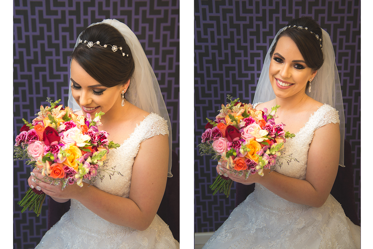 Retrato da noiva posando com seu lindo buquê de noiva momentos antes do casamento. Foto por Marco Moscarelli Fotógrafo